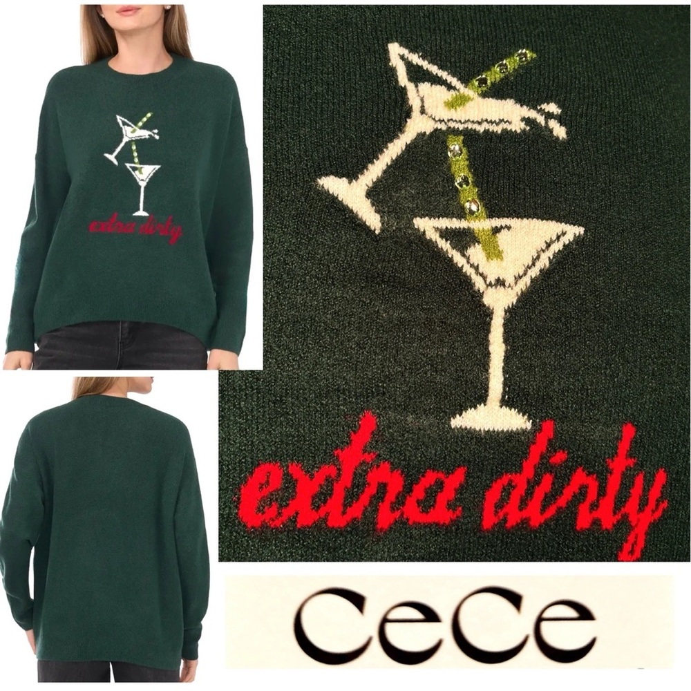 NWT CeCe "Extra Dirty" Martini Embroidered Green Knit Sweater Top Women Large